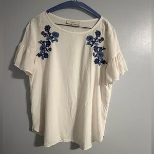 LOFT Cream Top with Blue Embroidery